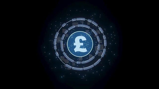 Visual representation of pound currency symbol with digital elements and glowing lights during a financial concept display