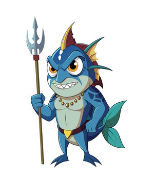 Angry Blue Fish Monster Cartoon Character Holding Spear Trident Vector Fantasy Illustration.