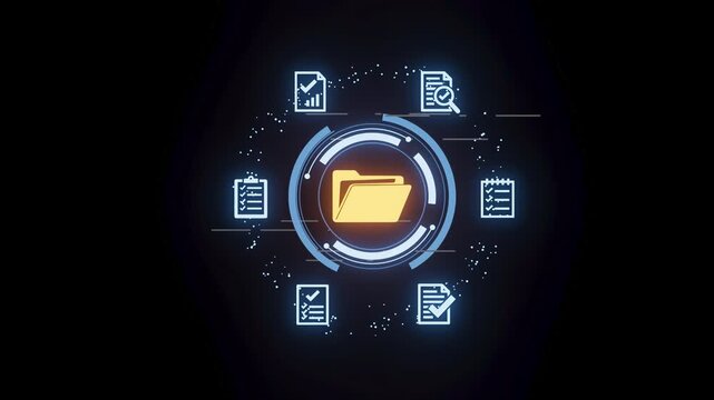 Digital file management system shows folders and documents in a circular design with icons representing data metrics and analysis
