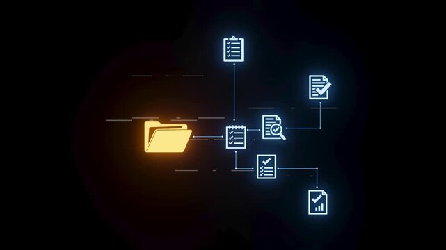 Data flow visual with folder and document icons showing connections and processes in a digital workspace