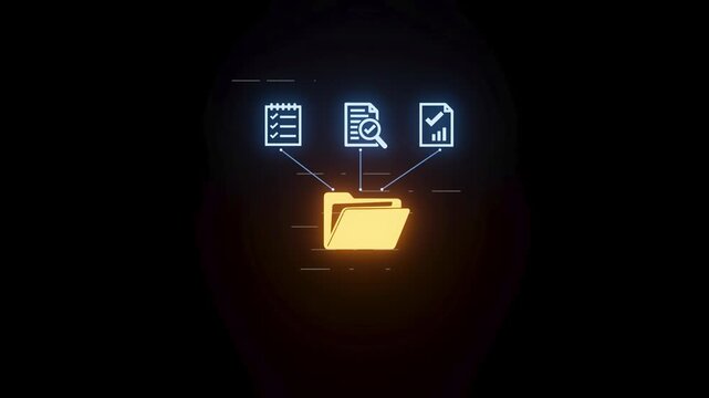 Data management tools displayed on a digital screen with a folder in the center and icons for notes, search, and graphs surrounding it