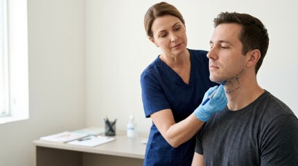 Fototapeta premium Plastic surgeon marking man's neck during cosmetic consultation on light background closeup, aesthetic medicine and clinic procedure planning, natural colors, clean composition, useful copy space,