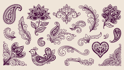 ornate floral paisley pattern, intricate indian traditional art, decorative vintage textile background, seamless henna style design, mandala cultural motif print, luxury ornate fabric wallpaper, artis © Geetaroy