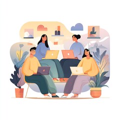 Fototapeta premium Four people working together on laptops in a cozy modern coworking space, flat style illustration