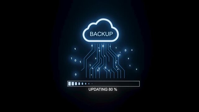 Data backup process shows a cloud icon with a progress bar at 80 percent completion in a digital environment