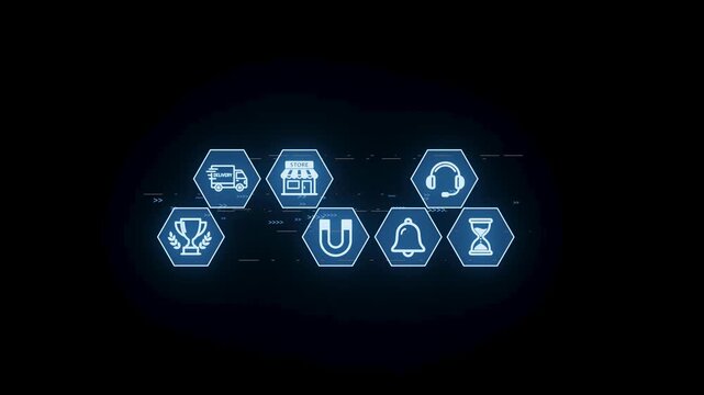 Icons representing various services and activities on a dark background with a futuristic theme