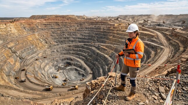A female mining engineer overlooking a large openpit mine site