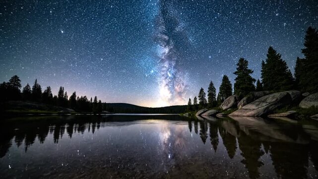 Milky Way galaxy stretches across the night sky above a tranquil mountain lake surrounded by pine trees to capture the majestic beauty of the natural world in deep space.