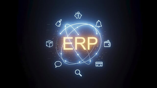 Concept of ERP displayed with various icons representing business functions and processes in a modern digital setting