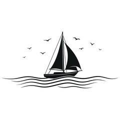 Fototapeta premium Minimalist Sailboat Silhouette Gliding on Ocean Waves, Black and White Nautical Yacht Scene with Flying Seagulls, World Oceans Day