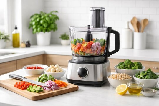 Fresh vegetables get chopped in a food processor on a kitchen counter with natural light