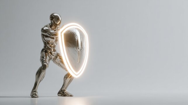 A metallic figure, possibly a robot or cyborg, stands guard, holding a glowing shield that emanates a bright, circular light. The figure's pose suggests a defensive stance.