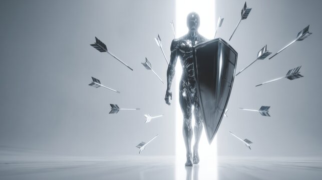 A metallic humanoid figure with a shield defends itself from arrows
