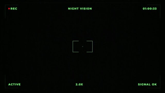Green night vision surveillance screen with digital noise distortion and recording interface, tactical security camera monitor display 4k video