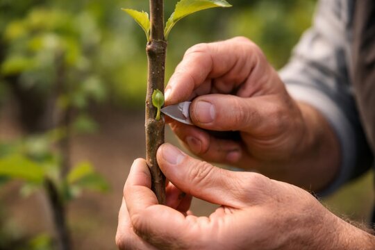 Person working on a plant in a garden field during daylight in a rural setting