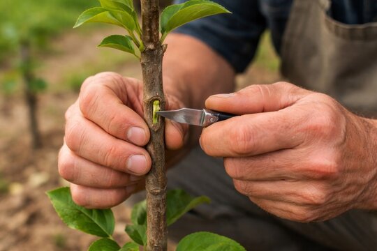 Person working on a plant in a garden field during daylight in a rural setting