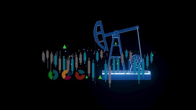 Oil drilling with market data overlay in dark background showing financial trends and indicators in real-time environment
