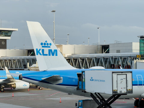 May 4, 2026, Amsterdam, Netherlands - KLM aircraft being catered at Schiphol Airport
