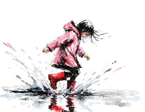 Watercolor illustration of a happy child in a pink raincoat and red boots jumping in a puddle isolated on white background