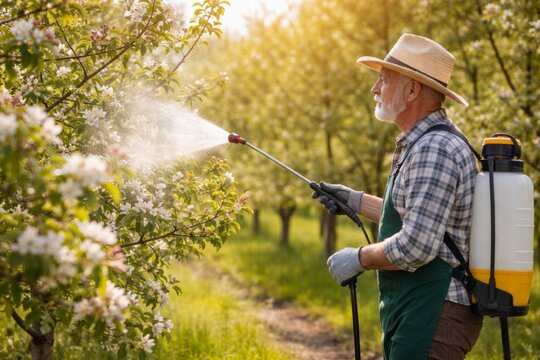 Gardener sprays plants in apple orchard during sunny afternoon