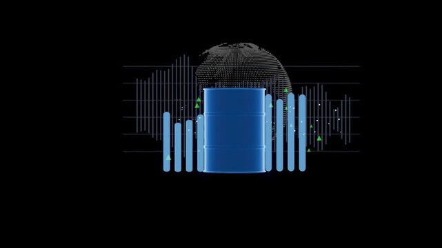 Visual representation of data analytics showing a barrel and graphs related to oil industry trends and market analysis