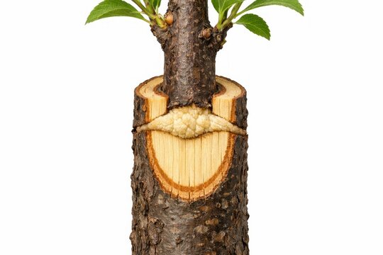 Tree stump with carved face and new growth seen in a close-up view in a natural setting