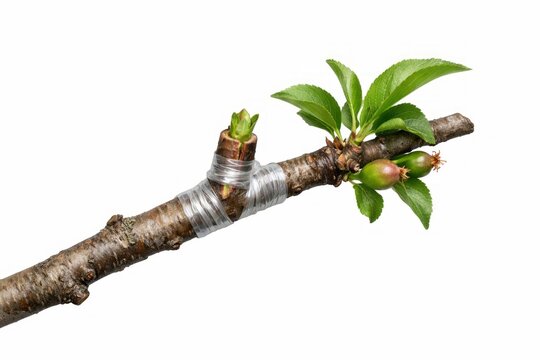 Tree branch with grafting tape showing new growth and developing buds