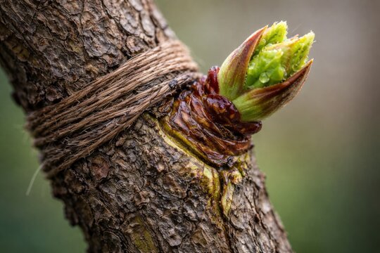 New growth on a tree trunk during spring season shows fresh buds and wrapping material around the bark