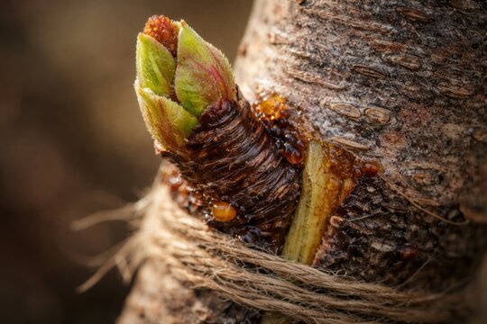 New growth on a tree trunk during spring season shows fresh buds and wrapping material around the bark
