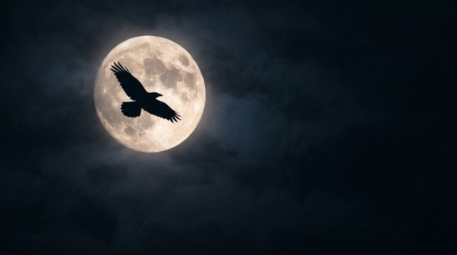 Silhouette of a raven flying in front of a large full moon against a dark, cloudy night sky