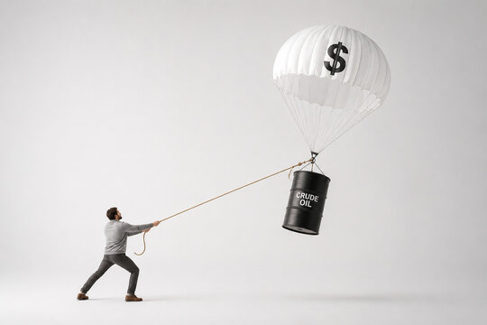 Man pulling down crude oil barrel as oil prices soar