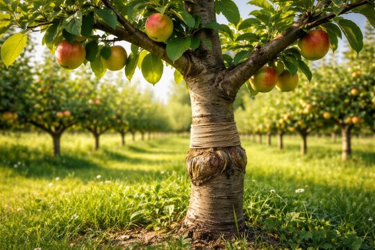 Apples grow on trees in an orchard during daytime in a rural area