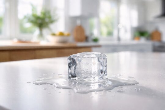 Ice cube on kitchen counter melting in sunlight during daytime