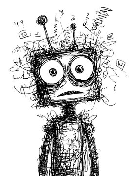 Scribbled robot appearing alarmed with antenna on white background