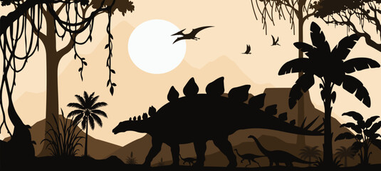 Stegosaurus in Prehistoric Jungle Landscape with Palm Trees and Ancient Wilderness © Artoniumw