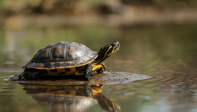 A vibrant green red-eared slider turtle with a beautiful shell rests on a wild pond rock, enjoying the sun in its natural aquatic wildlife habitat