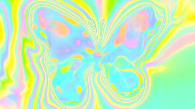 Slow motion pan of abstract liquid butterfly shapes morphing and flowing across pastel gradient digital background