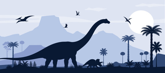 Brachiosaurus in Prehistoric Valley with Mountains and Flying Reptiles © Artoniumw