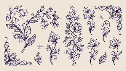 artistic floral branch vine pattern, elegant garden plant nature background, hand drawn floral vine illustration, beautiful flower vine plant print, artistic floral vine sketch set, garden flower vine © Geetaroy
