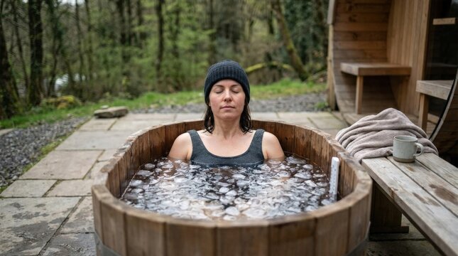 Woman resting in outdoor cold plunge ice bath, wellness recovery, cold water therapy, spa lifestyle, health routine, commercial stock photography, authentic detail, fresh composition, clean unbranded