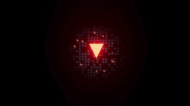 Bright red triangle shape surrounded by small dots in a dark space created by light effects and digital design techniques