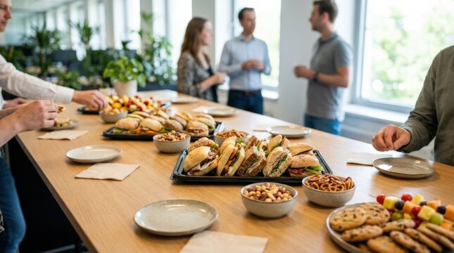 Office lunch spread with sandwiches and snacks, appetizing workplace tabletop with casual sharing, team meal and hospitality appeal for office culture, catering and lifestyle themes, warm natural