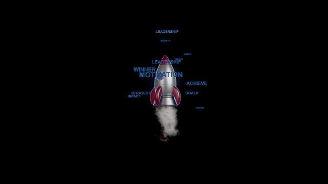 Rocket launching with words related to motivation and success in a dark background