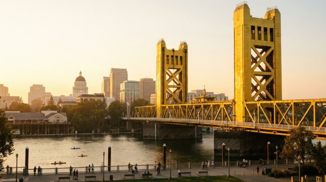 Sacramento California downtown historic Tower Bridge panorama, riverfront cityscape travel landmark architecture golden structure and capital city skyline, lifestyle detail, high resolution look, warm