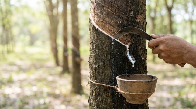 Latex dripping from rubber tree cut, commercial stock photography, clear main subject, precise process detail, realistic textures, neutral unbranded objects, clean background, natural light, sharp