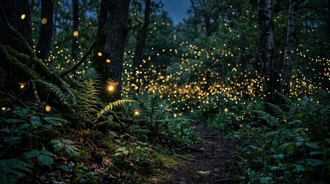 Bokeh light of fireflies in a forest, dreamy nature background, magical woodland atmosphere, nighttime serenity and soft glowing environmental concept with cinematic depth, natural light,