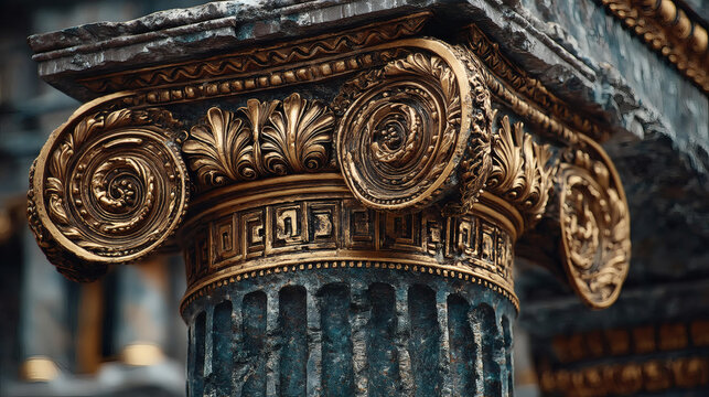 Detail close-up of ornate column capital from neoclassical building, golden ratio crop, soft side lighting revealing fine texture.
