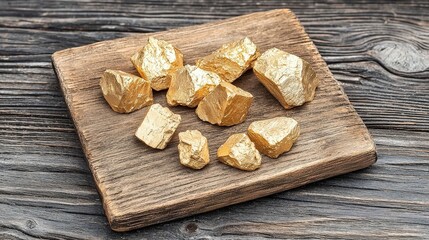 Fototapeta premium Golden Rocks on Wooden Platter Over Rustic Wooden Background