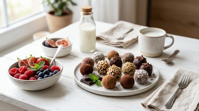 Chocolate truffles on white table with fruits and milk, elegant dessert arrangement, sweet confectionery, gourmet treats, cocoa candy and festive food styling, in natural light, with sharp detail, on