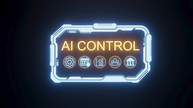 Display shows AI control panel with various icons representing building, community, data, and gear in digital format